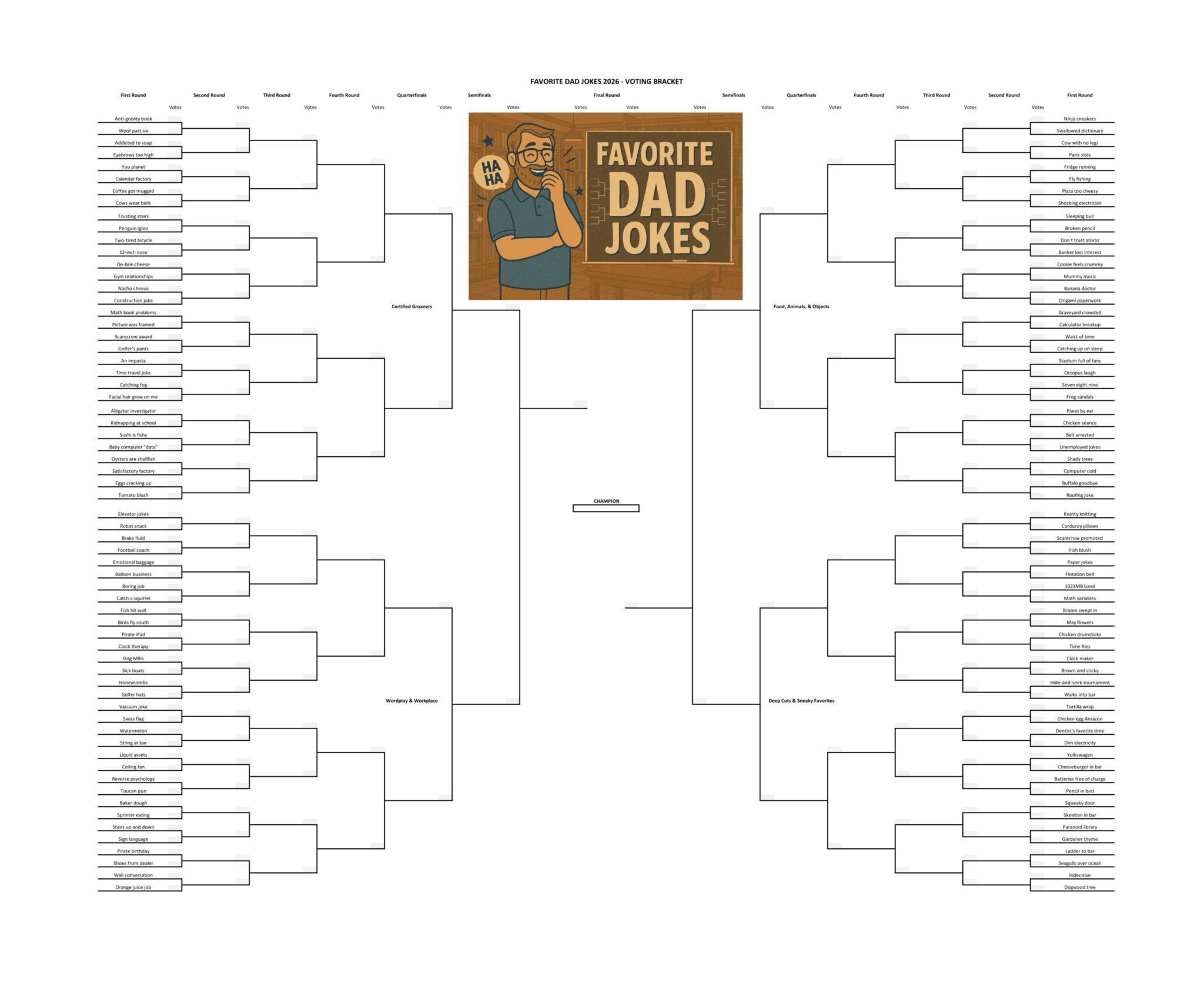 Favorite Dad Jokes 2026 – Round One – Voting Brackets